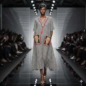 2XL Egyptian Black and White Zigzag Kaftan Dress‎ with Colorful Embroidery